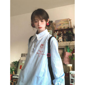 Váy Sơ Mi Kẻ Sọc Xanh Dài Tay Phong Cách Hàn Quốc Họa Tiết Hoa Ren Váy Hai Mảnh Váy Chữ A Mùa Xuân Polyester 100%