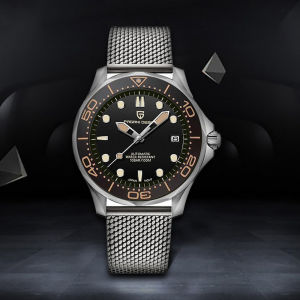 ปากานี ดีไซน์ 007 ผู้ชายหรูหรานาฬิกากลไกอัตโนมัตินาฬิกากระจกแซฟไฟร์ 100M กันน้ำตัวเลขโรมันสแตนเลสสตีล