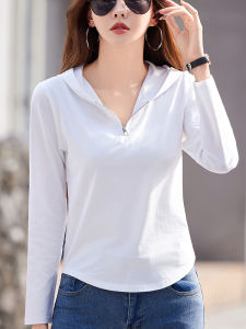 Pure Cotton Hooded Long Sleeves T-Shirt Womens Spring & Fall New Small Shirt Pure Cotton White Bottoming Hoodie Curved Thin Tops Fashion