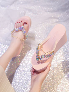 ผู้หญิงฤดูร้อนกลางแจ้งเพชรกลิตเตอร์แฟชั่นรองเท้าแตะส้นสูง 9 ซม สไตล์ลำลอง รองเท้าแตะพื้นบางเฉียบ