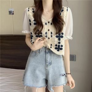 French Vintage Design Short Sleeve Bubble Sleeve Chiffon Lace Embroidery Shirt Women Summer V Neck Splice Style Korean Version