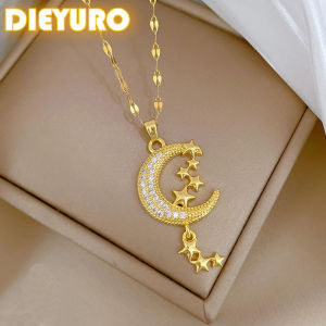 DIEYURO 316L Stainless Steel Fashion Luxury Vintage Moon Stars Fringe Pendant Necklace Women Trend Clavicle Chain Jewelry Gift