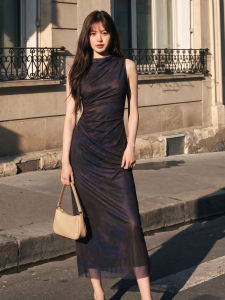 Summer Purple Tie Dye Mesh Midi Dress Women Sleeveless Mock Neck Ruched Elegant Slim Party Dress