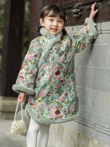 Girls Winter Cheongsam Baby Tang Suit Fleece Lined Warm Wind Little Girl Hanfu Cotton Clothes Improved New Year Clothes