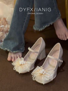 รองเท้าส้นสูง Mary Janes ทรงหัวมนสไตล์จีนใหม่สำหรับผู้หญิง รองเท้าแต่งงาน รองเท้าเจ้าสาว รองเท้าแฟชั่น รองเท้าหนัง PU รองเท้าสวมแบบสวมสบาย