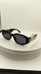 Premium Design Rectangular Sunglasses Black Frame Grey Lens with Gold Temple Detailing