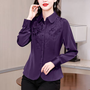 Silk Embroidered Red Shirt Womens Long Sleeve Spring & Fall New Arrival Ladieswear Mulberry Silk Top Fashionable Stylish Bottoming Shirt