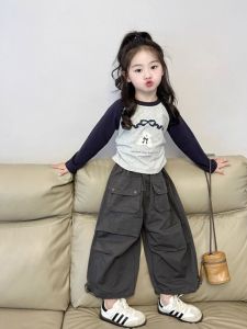 Fashionable Girls Spring Autumn Set Korean Style T-Shirt Work Pants Two-Piece Suit Trendy Childrens Clothing DK Melissa