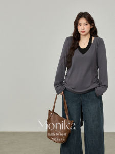 MONIKADM | Bộ Đồ Hai Mảnh Áo Blouse V-Neck Thiết Kế Drape Màu Xám Plus Size Giảm Cân