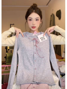 เสื้อเชิ้ตแขนยาวผู้หญิงสไตล์ฝรั่งเศส ดีไซน์หวาน ผูกโบว์ คอตั้ง เสื้อคลุมเปิด ผ้าถัก โพลีเอสเตอร์ ฤดูใบไม้ร่วง 2024