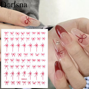 Dorisna Bow nhãn dán móng đỏ đen Kawaii Trắng Dài nơ thắt bướm ruy băng tự dính nhãn dán móng nghệ thuật Trang Trí Decals DIY