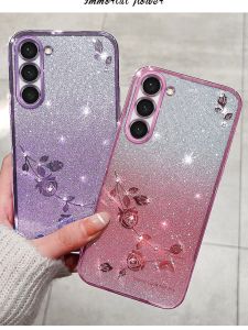 Galvanised Gradient Bling Soft Shell Phone Case for S25 A55 A54 A35 Full Cover Protective Case Anti-Fall Luxury Fashion Ring Strap