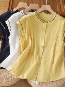 WANGGONGZHU | เสื้อเชิ้ตแขนกุดคอตั้งผ้าลินินปักลายฤดูร้อนสำหรับผู้หญิง เสื้อคาร์ดิแกนเปิดไหล่แฟชั่น ทรงหลวม สไตล์เกาหลี