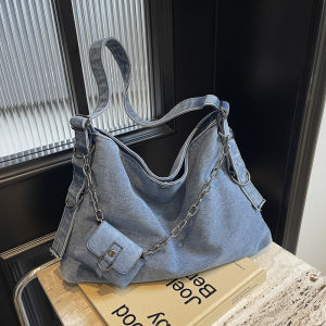 Casual Large Capacity Denim Tote Bag Womens 2024 New Autumn Commuter Single Shoulder Slant Cross Bucket Bag Soft Polyester Lining