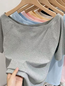 เสื้อยืดแขนสั้นสีเทาเทรนด์ฤดูร้อน 2025 สำหรับผู้หญิง คอวี หลวม กระชับสัดส่วน เสื้อผ้าทำงาน ผ้าฝ้าย ผ้ายืด ระบายอากาศได้ดี ทรงหลวม