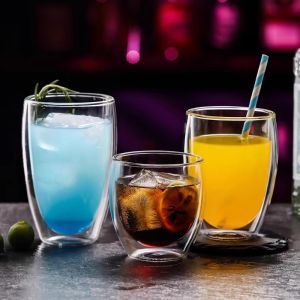 Double Layer Heat Resistant Transparent Glass Water Cup Creative Heat Insulation Flower Tea Cup Cold Drink Milk Juice Coffee Cup