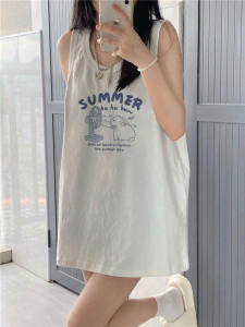 เสื้อยืดแขนกุดสีขาว ทรงหลวม ลำลอง สำหรับผู้หญิง ฤดูร้อน 2024 เสื้อผ้าทำงานคอตตอนผสมโพลีเอสเตอร์ ความยาวปานกลาง