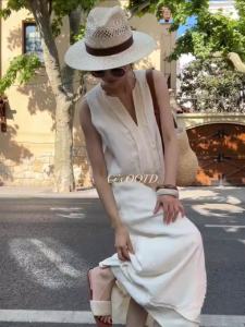 White Cotton Linen Dress Womens Summer Loose Elegant Beach Vacation Beach Long Skirt Sufficient Draping Feelings High-End Feelings