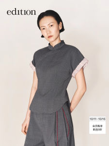 Chinese Style Striped Short Sleeve Womens Shirt Edition×SAMUEL GUI YANG Collaborative Series EBE3TOP031 Casual Daily Wear