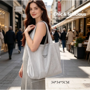 Relaxed Lazy Striped Canvas Tote Bag - Minimalist Design Large Capacity All-match Shoulder Bag for Daily Commuting