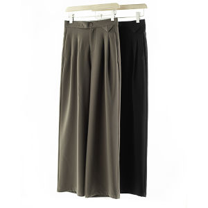 Pure Color Wide Leg Pants with Horizontal Button Embellishment And Pleat Design Covering Hip Area Elegant Lady Style MX160