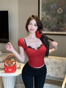 GUZILIAN | Sweet Spicy Lace Trim Camisole Short Sleeve Square Neck Bodycon T-Shirt Women Summer Fashion Korean Style Commute Wind Blouse