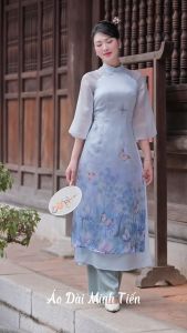 Áo Dài Cách Tân Chất Liệu Tơ Làm Mát Hàng May 4 Tà - Mã CT7 Màu Xanh