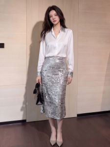 DANTING | White Shirt Glitter Skirt Two-piece Set