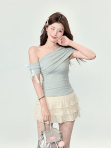 Sweety Asymmetric Shoulder Short Sleeve T-Shirt Womens Slim Fit Summer New Style Exposing One Shoulder Commute Korean Style