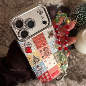 Korean Christmas Grid Pattern Glitter Phone Case For iPhone 17 16 15 14 13 12 11 Pro Max Plus With Chain Shockproof Hard Cover