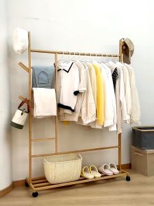 [On Hand] Shira Coat rack  Clothes Hanging Rack 2 in 1 Movable Bedroom Clothes Rack Bamboo Coat Rack Stand With Wheels
