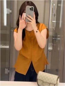 Summer Womens Linen Sleeveless Shirt Design Sense Short Sleeve French Pleated Split Small Vest Top Comfortable Loose Fit