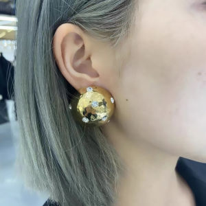 French Style Yangshulin round Gold and Silver Button Earrings Pattern Exaggerated Large Ball Diamond Stud Earrings Adjustable Ring
