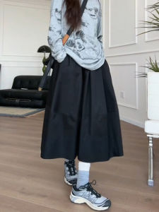 Black A-Line Midi Skirt Womens High Waist Polyester Fiber Korean Style Commute Pear Shape Body Covering Slimming Skirt