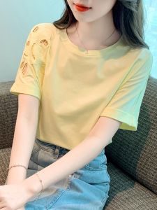Elegant Embroidered Hollow Design Short Sleeve T-Shirt Womens Shoulder Cotton Sweet Style Korean Version Summer New Arrival