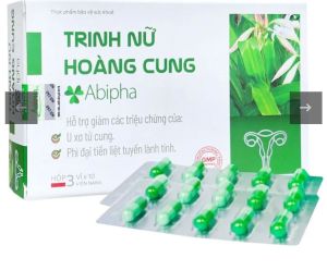 Trinh Nữ Hoàng Cung Abipha viên nang màu xanh lá cây hộp giấy và lọ thủy tinh GMP giảm các chứng đau nhức xương khớp tiểu lâu sinh tinh.