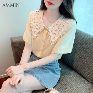 AMMIN 2023 summer new fashion temperament doll collar lace embroidered shirt For women Korean style chic thin bubble sleeve lace chiffon top