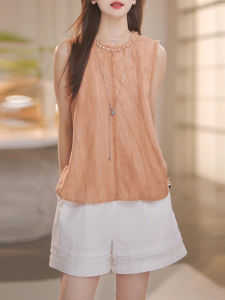 Shalldoer | Summer 2025 Womens French Vintage Simple Design Sense Splicing Sleeveless Vest Top Shorts Set Casual Style Polyester Fiber