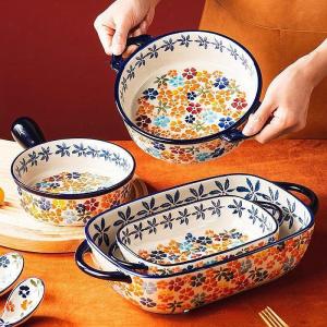 OMK Polish Series Hand-painted Ceramic Rectangular Baking Pan Round Baking Pan with Two Ears Baking Trays & Pans