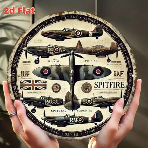 2D Flat Vintage WWII RAF Aircraft Wall Art - 20cm Round Aluminum Metal Sign with Spitfire Hurricane & Mosquito - Durable