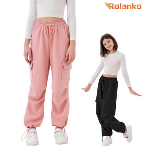Rolanko Girls Cargo Pants Wide Leg Cargo Sweatpants High Waist Kids Joggers with Pockets 6-14 Years ﻿
