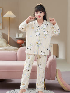 MiiOW | ชุดนอนเด็กผู้หญิงแขนยาวผ้าฝ้ายแท้ MiiOW Cat ฤดูใบไม้ผลิและฤดูใบไม้ร่วง ชุดอยู่บ้านแบบสวมหัว ชุดนอนเด็กผู้หญิง