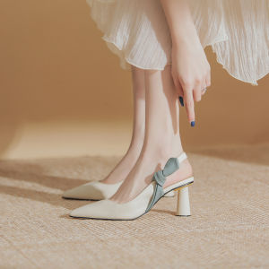 รองเท้าแตะส้นสูงหัวแหลมแบบสวมหัวสำหรับผู้หญิง ฤดูใบไม้ผลิและฤดูร้อน 2023 รองเท้าแตะส้นสูงแบบหัวแหลมสไตล์ฝรั่งเศส รองเท้าแตะส้นหนาแบบหัวแหลม