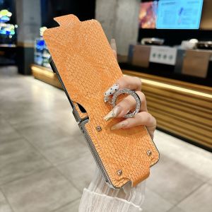 Glitter Diamond Ring Holder Snake Skin Leather Phone Case for Samsung Galaxy Z Flip 7 6 5 4 3 5G Flip7 Bling Protection Cover