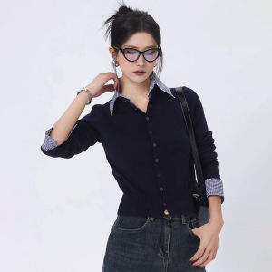 Áo Khoác Len Dệt Kim Nữ Cổ Polo Kẻ Caro Ôm Vừa Vặn Áo Khoác Ngoài Mùa Thu Đông Áo Sơ Mi Hai Mảnh Giả Áo Chui Đầu Dài Tay