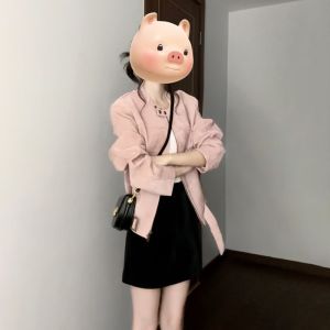 Spring Pink Short Jacket Womens Outerwear Korean Style Chic Top Flower Ceremony Polyester Fiber Long Sleeve round Neck Zipper