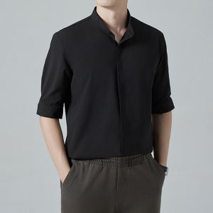 New Chinese Style Short Sleeve Shirt for Men Light Maturity Summer Iron Free Ice Silk Stand Collar Five-Quarter Pure Color Shirt