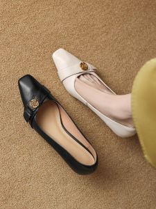 รองเท้าส้นสูงหัวเหลี่ยมสไตล์ฝรั่งเศสสำหรับผู้หญิง รองเท้าทำงานสีดำ รองเท้าทำงานส้นสูงแบบลำลอง รองเท้าทำงานส้นแบน รองเท้าทำงานส้นแบน