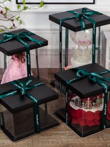 12 Inch Pure Black 6 Inch Transparent Birthday Cake Box 8 Inch Double Layer 10 Inch Elevated Barbie Baking Pastry Packaging