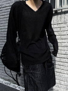 DAVID&ME | Breathable Loose Thin Long Sleeve Black Lace Hollow V-Neck Knit Shirt